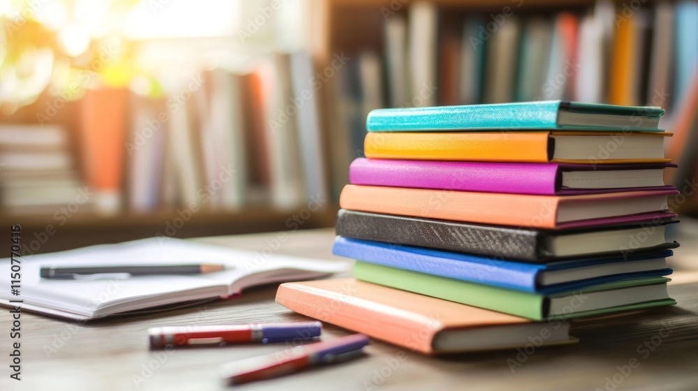 Stack of colorful books on a desk with a notebook, pen, and two markers. Stack of colorful books on a desk with a notebook, pen, and two markers.