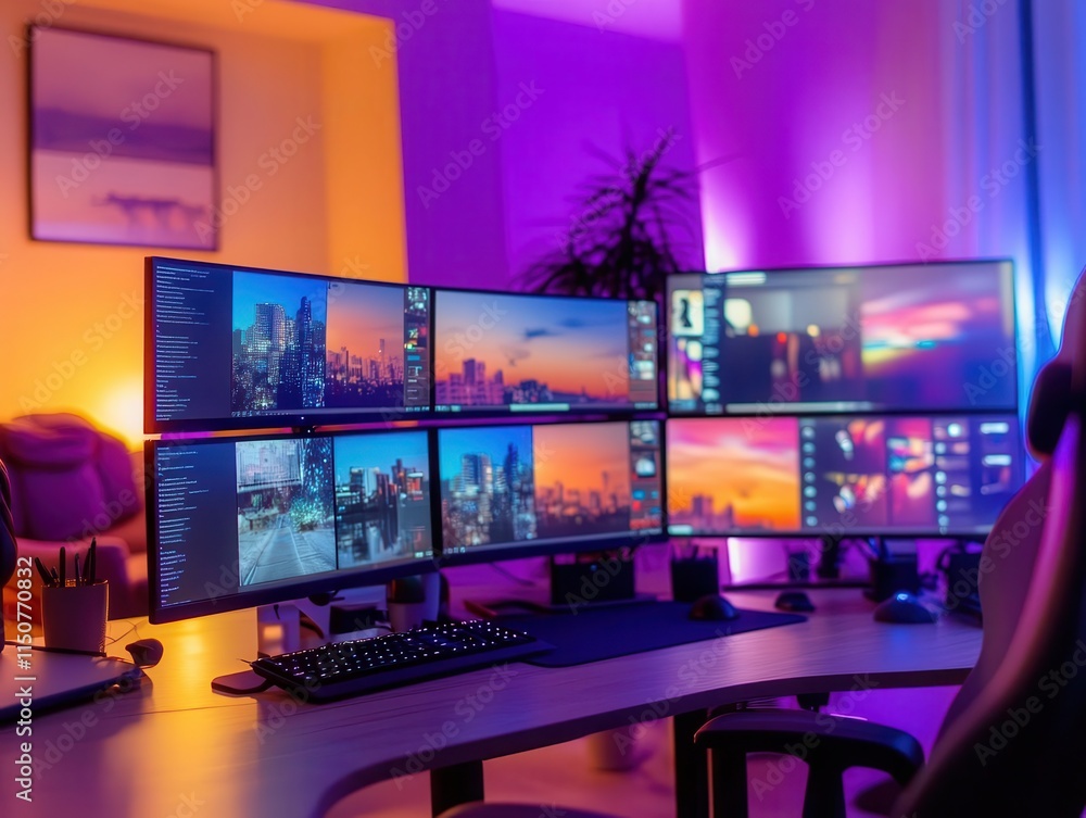 Naklejka premium Remote team meeting with vibrant screens, sleek home office setup, soft lighting