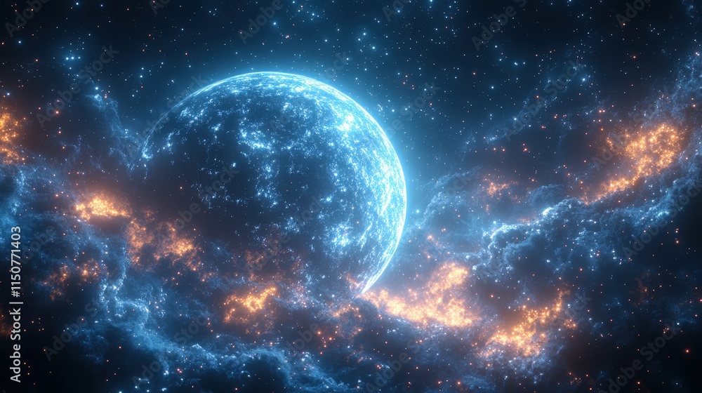Glowing blue planet in fiery nebula. Glowing blue planet in fiery nebula.