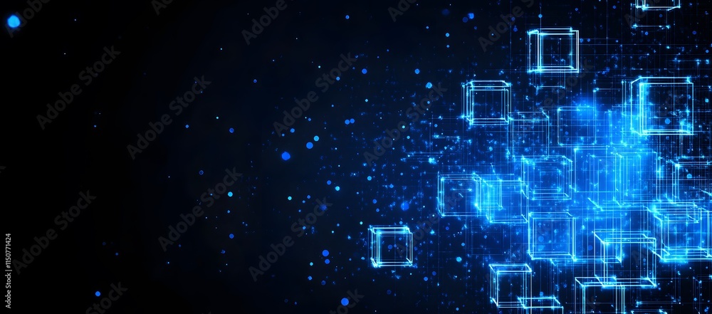 Fototapeta premium Abstract glowing digital blocks forming a network, blockchain technology and data connectivity
