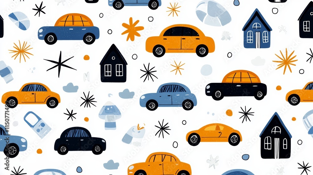 Obraz premium Fun preschool doodle vector art with vibrant cars, houses, and toys in a repeat pattern, creating an imaginative and childlike wallpaper design