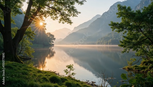 Serene lake surrounded by lush green trees with misty mountains in the background