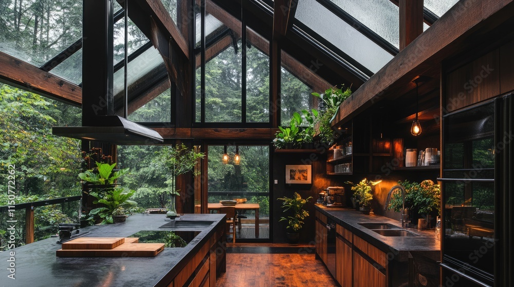Fototapeta premium Modern Kitchen with Forest Views and Natural Elements