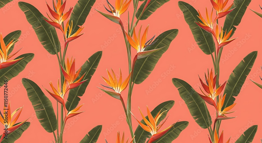 Vibrant Bird of Paradise flowers on coral backdrop. Tropical floral pattern with green leaves. Summery design. Vibrant Bird of Paradise flowers on coral backdrop. Tropical floral pattern with green leaves. Summery design.