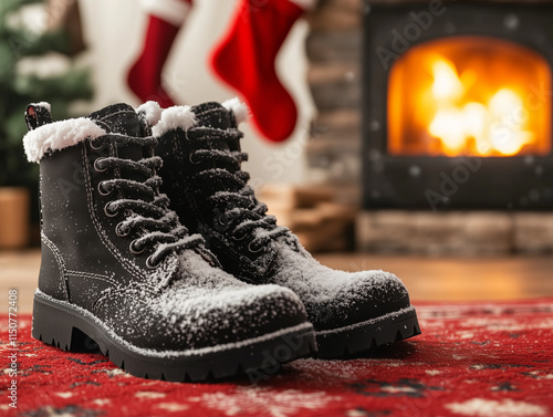 Santa's Boots by the Fireplace with Cozy Holiday Decor