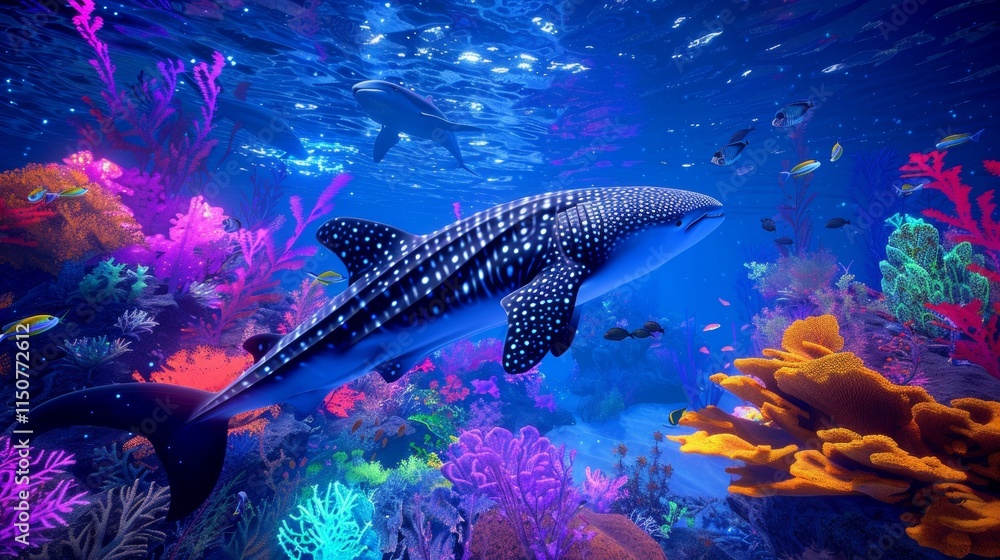 Fototapeta premium Discover an enigmatic underwater city with coral shaped structures that emit a soft glow