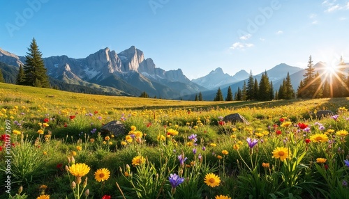 Secluded meadow with vibrant wildflowers and distant mountain range