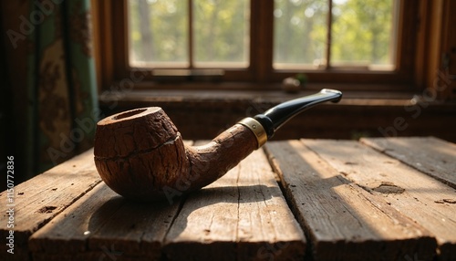 Traditional Irish wooden smoking pipe on a rustic wooden table