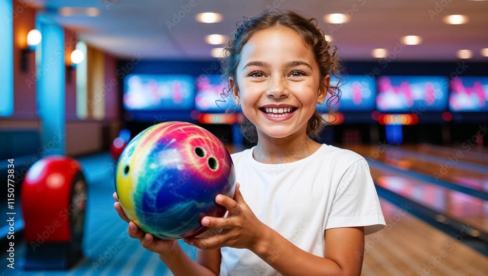 Portrait of happy little girl with ball in bowling club Portrait of happy little girl with ball in bowling club