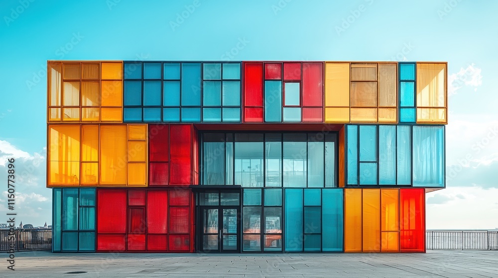 Fototapeta premium Modern Colorful Architecture with Glass Panels in Urban Setting