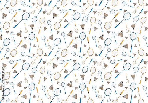 Doodle badminton seamless pattern with hand drawn shuttlecock and dots. Vector sport background for textile
