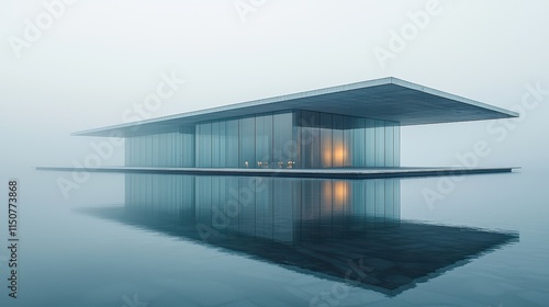 Modern architectural marvel on water in serene foggy environment