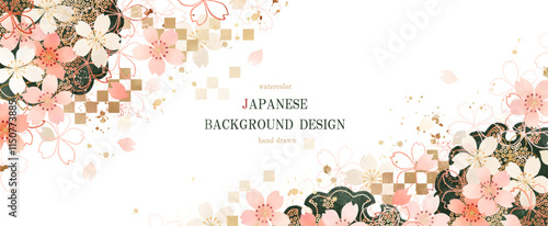 「金箔をあしらった桜と和柄の和風背景」ベクター、春、花、イラスト