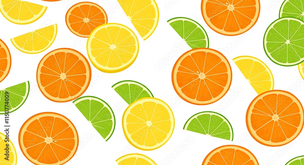 Obraz premium Vibrant citrus slices, orange, lemon, and lime. Fresh fruit pattern.