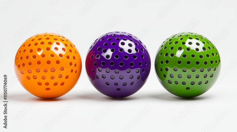 High-definition image of three shiny rubber balls in green, orange, and purple, placed symmetrically on a white background, perfect for toy marketing High-definition image of three shiny rubber balls in green, orange, and purple, placed symmetrically on a white background, perfect for toy marketing