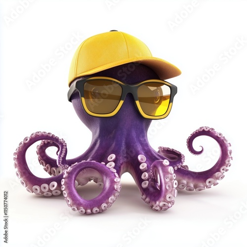 3D illustration of a purple octopus wearing yellow baseball cap and sunglasses