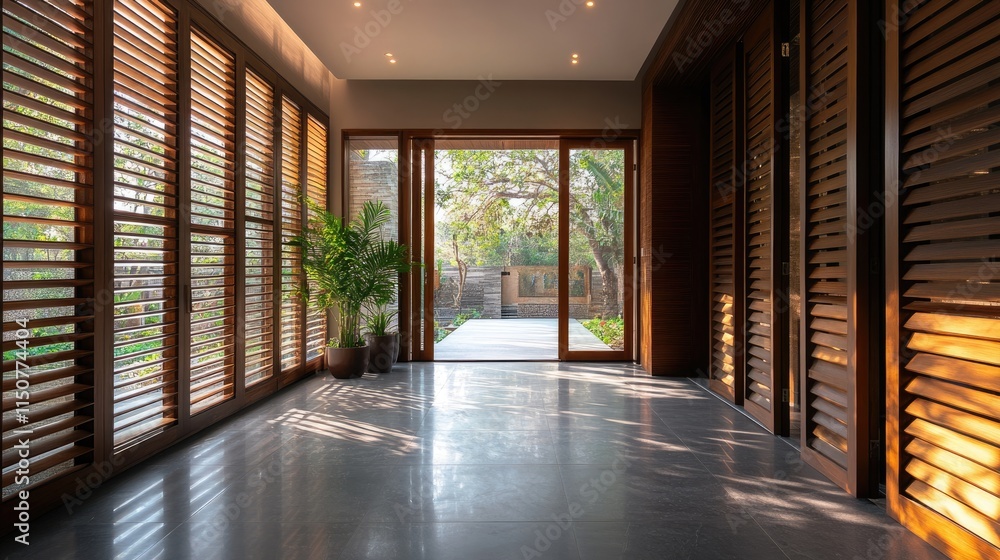 Fototapeta premium Modern Interior with Wooden Shutters and Patio View