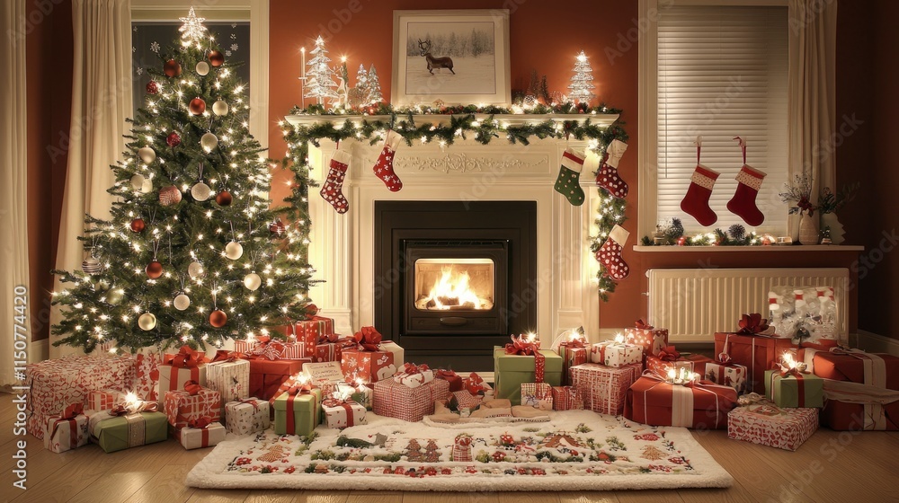 Cozy Christmas Fireplace Scene with Decorated Tree and Presents Cozy Christmas Fireplace Scene with Decorated Tree and Presents