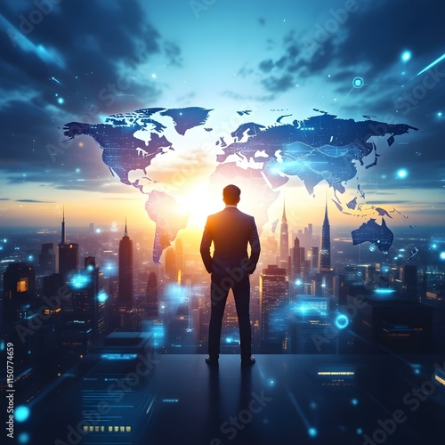 Global business network, silhouette of businessman