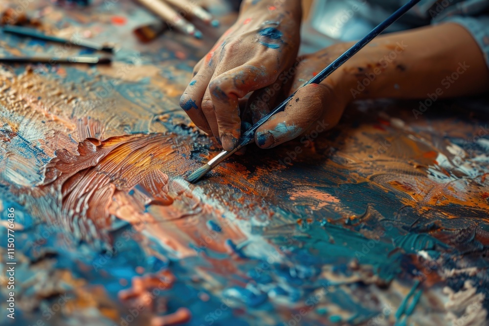 Creative hands mix vibrant colors on a textured canvas during an artistic session in a bright studio space Creative hands mix vibrant colors on a textured canvas during an artistic session in a bright studio space