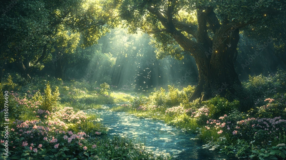 Enchanted Forest with Sunlight and Blooming Flowers by a Stream Enchanted Forest with Sunlight and Blooming Flowers by a Stream