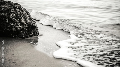 A stunning black and white beach scene with crashing waves, soft sand, and a large rock on the side. The image captures the contrast between the gentle flow of the ocean and the solid, rugged rock,