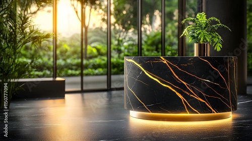 Modern dark marble kitchen island, smooth surface with deep veins, surrounded by blurred warm kitchen ambiance, perfect for product display