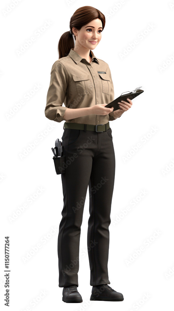 A woman in a khaki uniform stands holding a clipboard, likely in a professional or administrative role. A woman in a khaki uniform stands holding a clipboard, likely in a professional or administrative role.