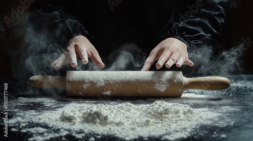 Hands hovering over a flour-dusted rolling pin, emitting steam. photo