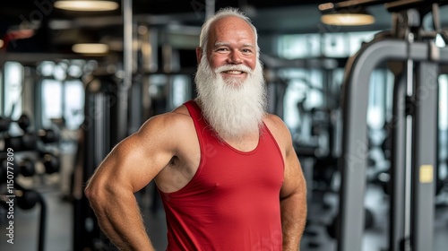 A hearty, muscular individual clad in a Santa costume is exercising with dumbbells in a state-of-the-art gym. photo