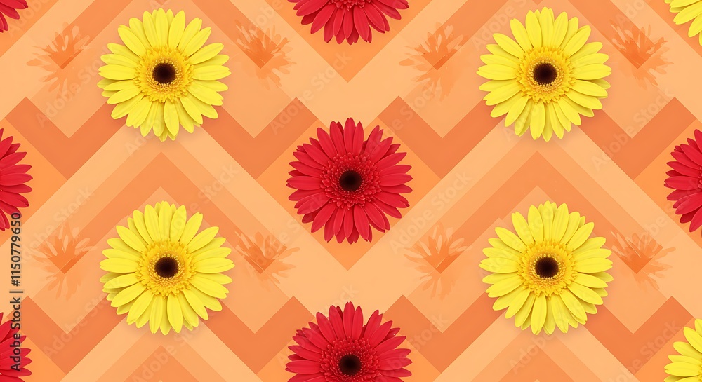 Vibrant yellow and red flowers on a decorative chevron pattern. Springtime floral design. Vibrant yellow and red flowers on a decorative chevron pattern. Springtime floral design.