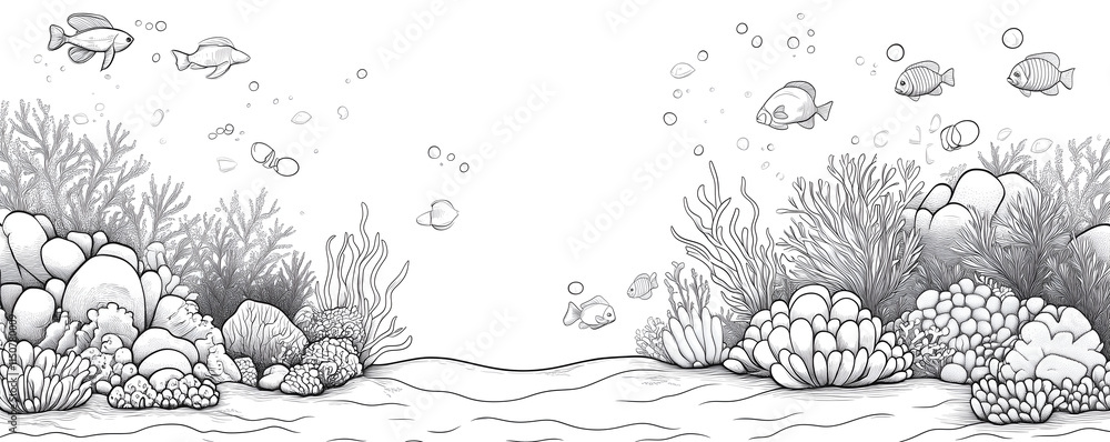 Fototapeta premium oral reef, children's style, coloring book, white background, arrangement of marine plants with coral and starfish and other plants