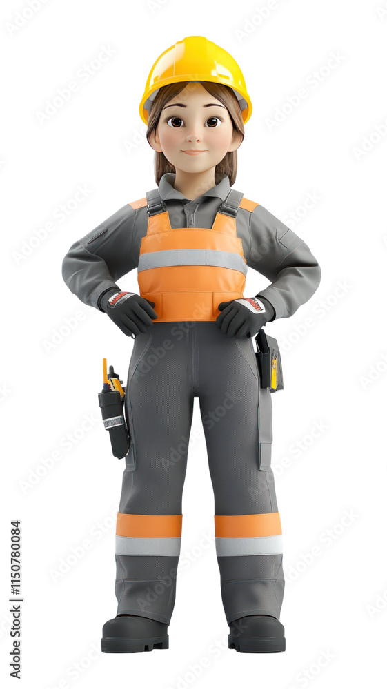 A cartoon-style construction worker wearing a safety helmet and reflective gear, ready for work in an industrial setting. A cartoon-style construction worker wearing a safety helmet and reflective gear, ready for work in an industrial setting.