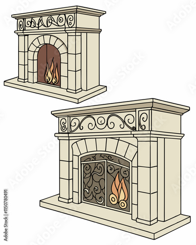Cozy fireplaces with detailed mantels, crackling fire, and elegant hearths in vector format.