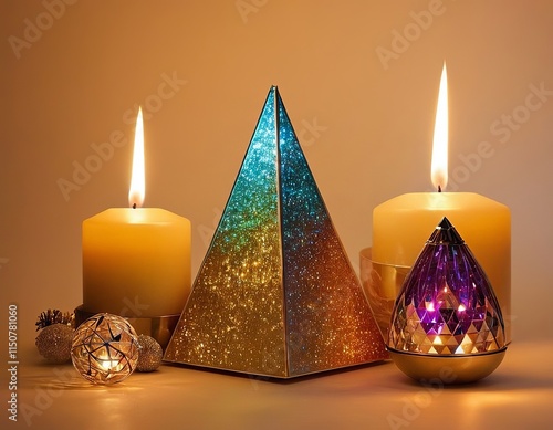 Colorful pyramid and candles create a warm, serene atmosphere with glowing light and soft reflections. photo