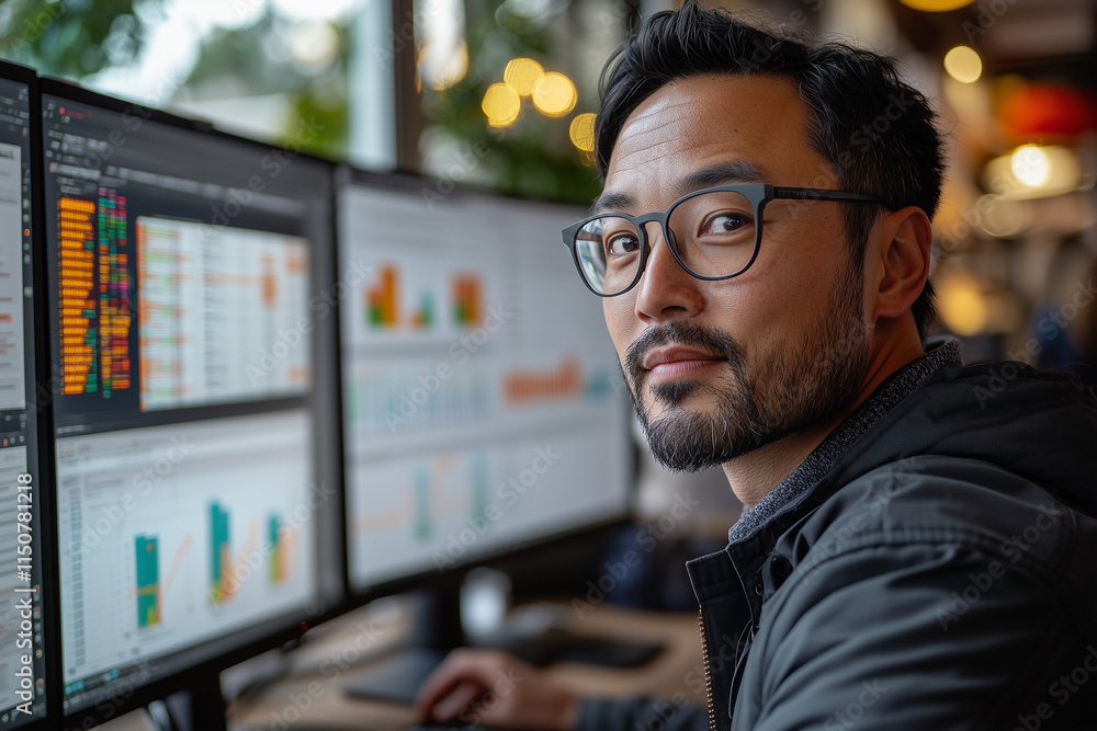 A man reviewing AI-generated reports on multiple monitors in a sleek office setup. The scene captures the integration of cutting-edge technology in daily professional tasks. A man reviewing AI-generated reports on multiple monitors in a sleek office setup. The scene captures the integration of cutting-edge technology in daily professional tasks.