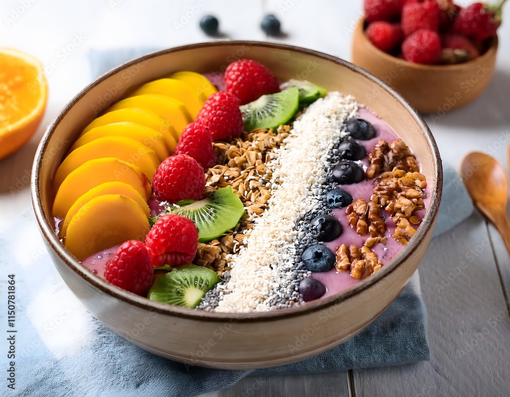 A healthy smoothie bowl topped with fresh fruits, granola, and seeds, photographed in natural A healthy smoothie bowl topped with fresh fruits, granola, and seeds, photographed in natural