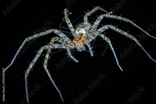 Close-up of a vibrant yellow spider delicately weaving its intricate web in a garden during the morning light photo