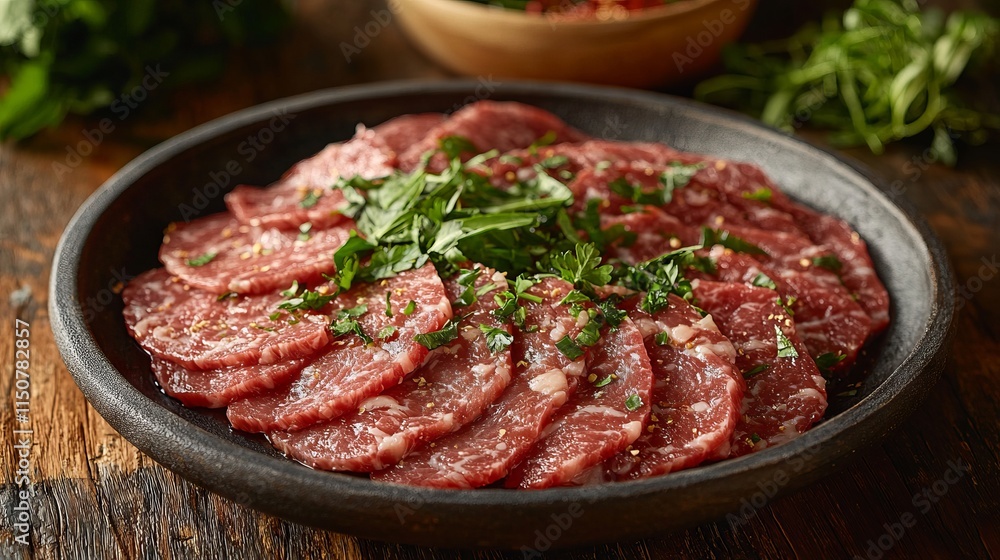 Sliced Raw Beef with Fresh Herbs on Plate Sliced Raw Beef with Fresh Herbs on Plate