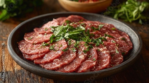 Sliced Raw Beef with Fresh Herbs on Plate photo