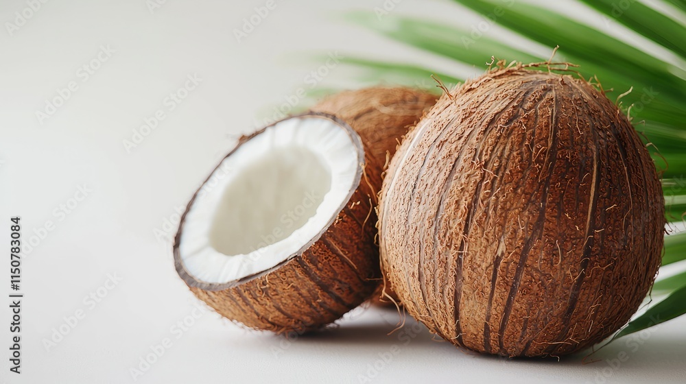 Fresh Coconuts on a Light Background with Green Leaf Fresh Coconuts on a Light Background with Green Leaf