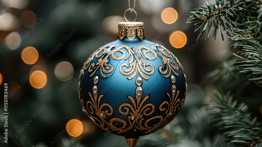 A decorative blue Christmas ornament hangs on a tree, surrounded by soft, glowing lights. A decorative blue Christmas ornament hangs on a tree, surrounded by soft, glowing lights.