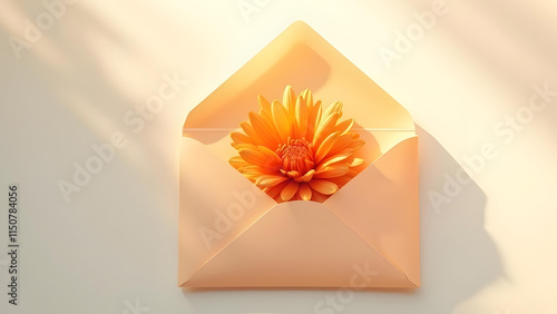 4K illustration of open envelope with a big orange flower inside on a white background.
