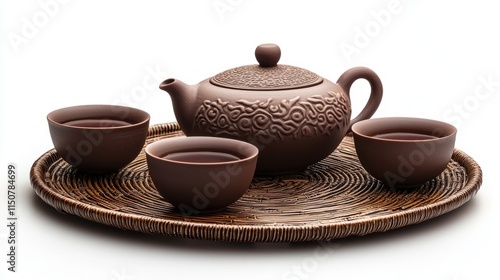 Elegant Clay Teapot with Teacups on Round Tray