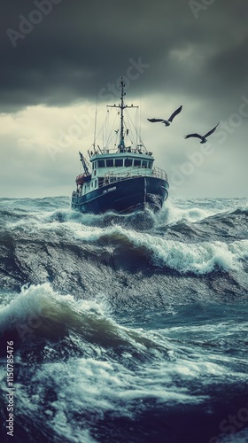 Stormy sea; ship braves powerful waves; birds fly overhead.