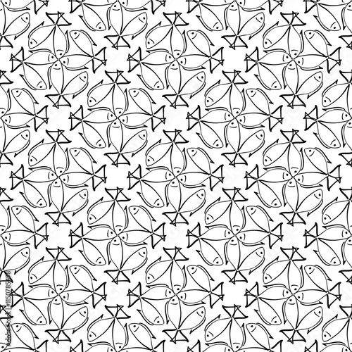 Black monochrome seamless pattern with fish on a white background 