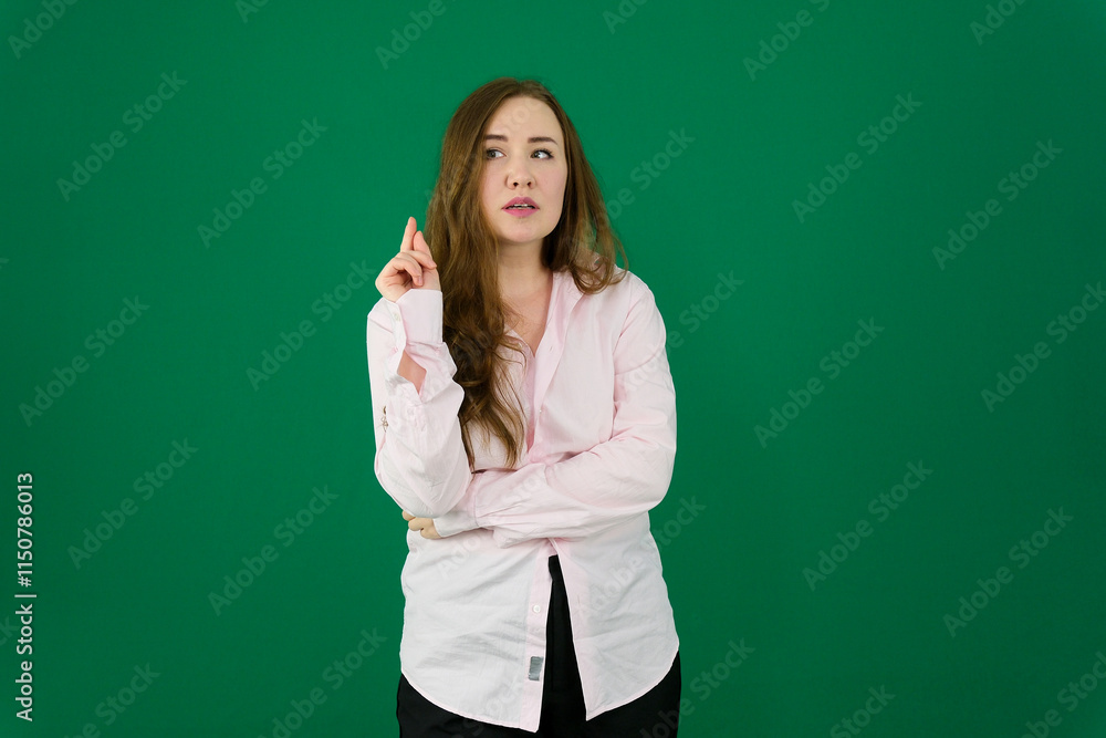 Closeup photo of amazing short hairdo lady looking up empty space deep thinking creative person arm on chin wear casual green turtleneck isolated yellow color background. High quality photo Closeup photo of amazing short hairdo lady looking up empty space deep thinking creative person arm on chin wear casual green turtleneck isolated yellow color background. High quality photo