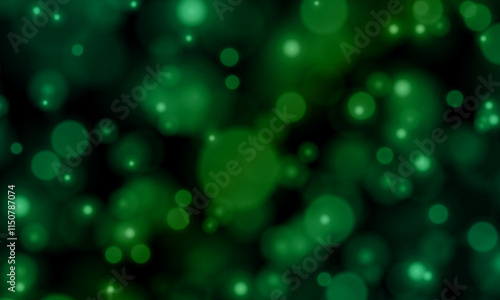 Glowing green bokeh circles. abstract shiny bokeh dark background.