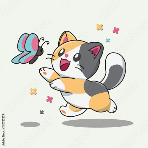 Here is a sentence describing the content of the provided image in 12 words, without using the specified restricted words

Calico kitten joyfully chases pretty pastel butterfly amidst colorful confett