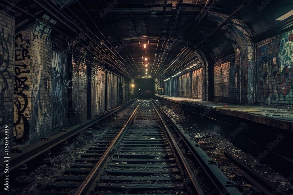 Abandoned subway tunnel with graffiti on walls and flickering lights creating an eerie atmosphere at night Abandoned subway tunnel with graffiti on walls and flickering lights creating an eerie atmosphere at night